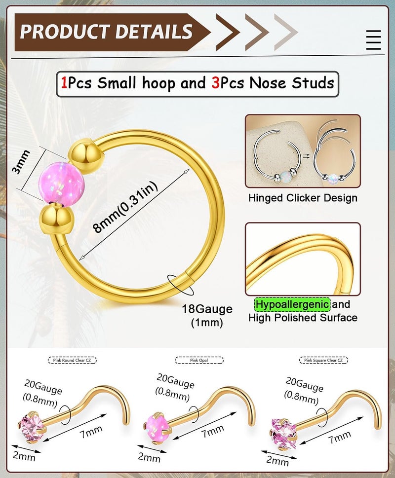 AMASIS Opal Nose Ring Studs Horseshoe Nose Rings Hoops Stud 316L Stainless Steel Nose Rings Round CZ Square Screw L Shaped Nose Stud Hypoallergenic Nostril Piercing Jewelry for Women Men - Image 2